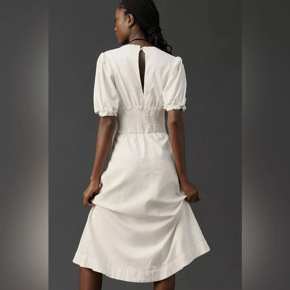 Maeve Anthropologie Puff-Sleeve Corset Linen Midi Dress - White Size Large - Picture 4 of 16